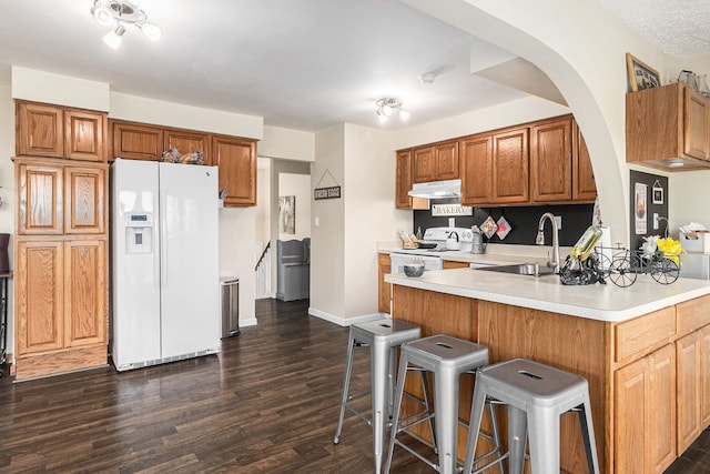 1977 Shipman Rd, Oxford, MI 48371 - kitchen with white appliances, under cabinet range hood, a sink, dark wood-type flooring, and light countertops