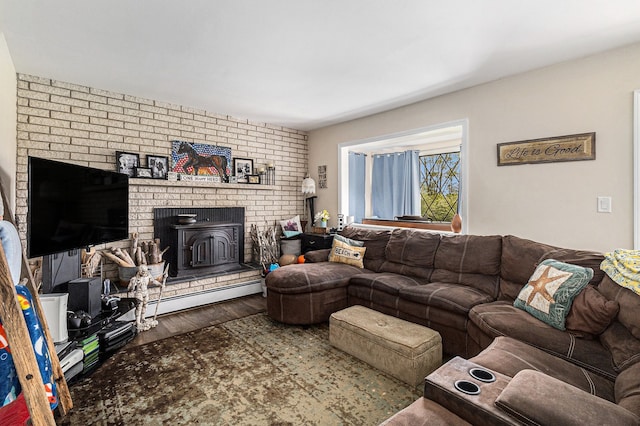 1977 Shipman Rd, Oxford, MI 48371 - living room with wood finished floors, a baseboard radiator, and a brick fireplace