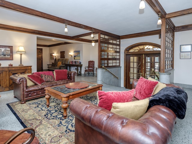 471 W S St Unit 207, Kalamazoo, MI 49007 - living room featuring beamed ceiling, ornamental molding, and baseboards