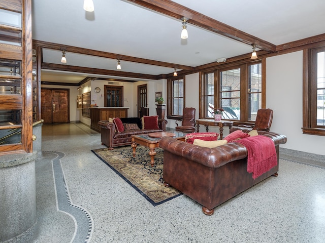 471 W S St Unit 207, Kalamazoo, MI 49007 - living area with speckled floor, beam ceiling, and baseboards