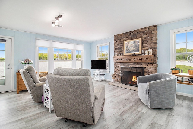 7394 N Keating Dr, Walkerville, MI 49459 - living area featuring a fireplace, light wood finished floors, and baseboards