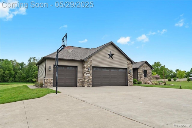 6035 Beard Rd, Byron, MI 48418 - view of front of house featuring stone siding, a front lawn, driveway, an attached garage, and a shingled roof