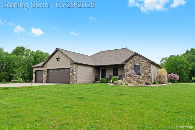 6035 Beard Rd, Byron, MI 48418 - view of front facade featuring stone siding, an attached garage, a front lawn, and driveway