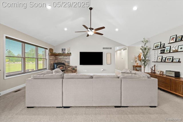 6035 Beard Rd, Byron, MI 48418 - living area featuring ceiling fan, lofted ceiling, baseboards, light colored carpet, and recessed lighting