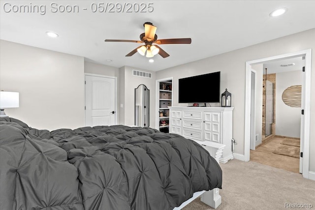 6035 Beard Rd, Byron, MI 48418 - bedroom with light colored carpet, a ceiling fan, recessed lighting, and baseboards