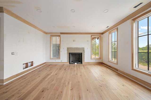1395 Northlawn Blvd, Birmingham, MI 48009 - unfurnished living room with ornamental molding, baseboards, a fireplace, light wood-style floors, and plenty of natural light