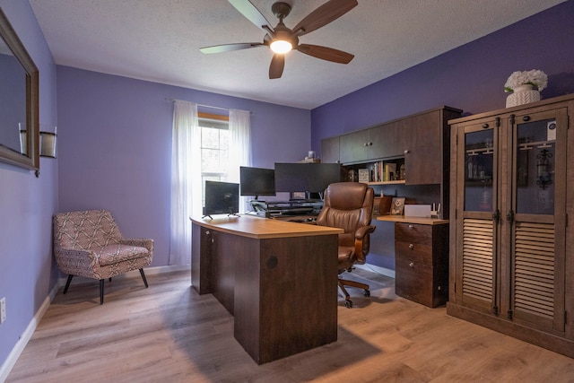 2363 Sundance Rdg, Howell, MI 48843 - office area featuring a ceiling fan, light wood-type flooring, baseboards, and a textured ceiling