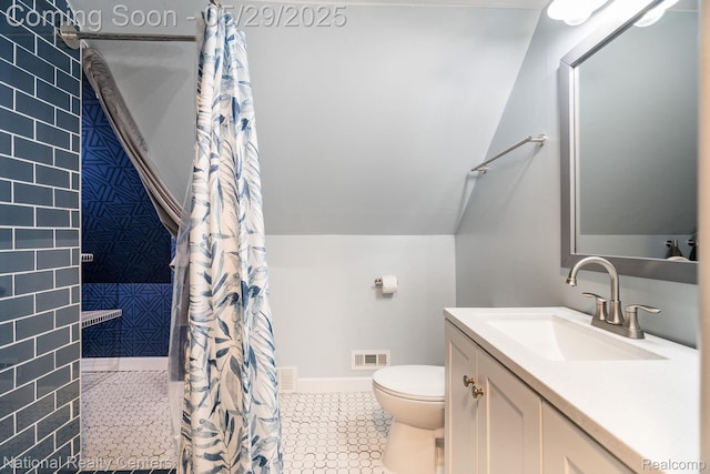 3027 Ferris Ave, Royal Oak, MI 48073 - bathroom featuring toilet, vanity, a tile shower, tile patterned floors, and vaulted ceiling
