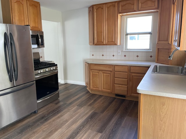 1659 Weymouth St, West Bloomfield, MI 48324 - kitchen with appliances with stainless steel finishes, a sink, dark wood finished floors, and tasteful backsplash