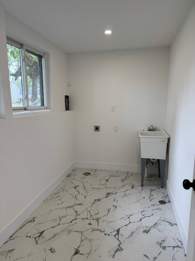 42811 Wilmington Dr, Sterling Heights, MI 48313 - laundry area featuring hookup for an electric dryer, recessed lighting, baseboards, and marble finish flooring