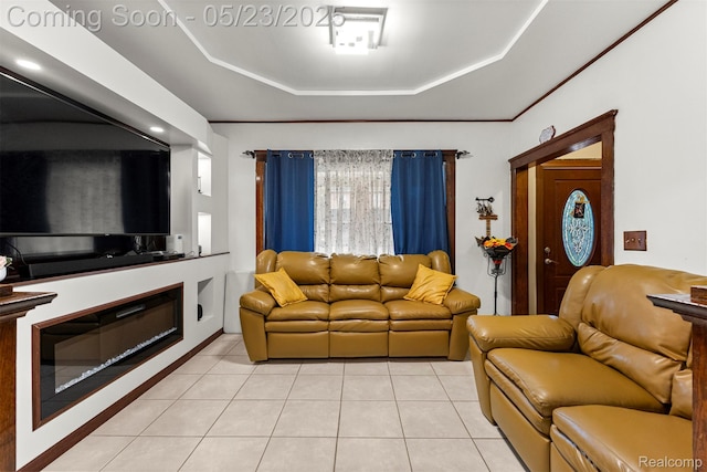 7295 Gartner St, Detroit, MI 48209 - living area featuring a raised ceiling and light tile patterned flooring