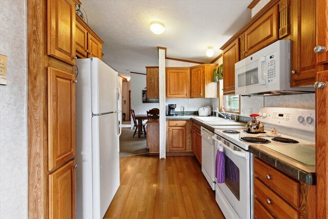 1797 Lawrence Dr, Bitely, MI 49309 - kitchen featuring white appliances, brown cabinets, light wood-style floors, and a sink