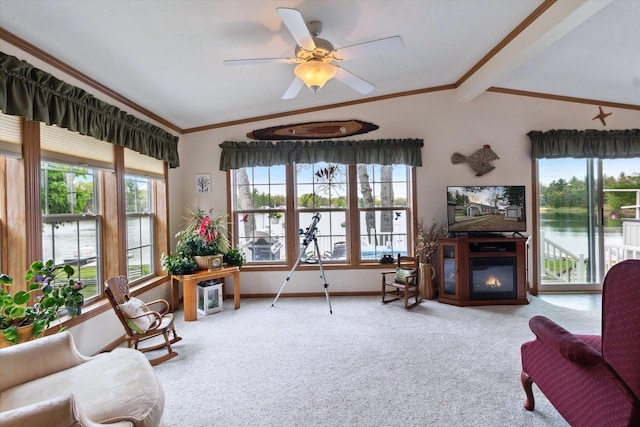 1797 Lawrence Dr, Bitely, MI 49309 - living area with vaulted ceiling, healthy amount of natural light, carpet, ceiling fan, and baseboards