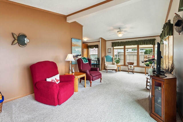1797 Lawrence Dr, Bitely, MI 49309 - carpeted living room featuring ornamental molding, ceiling fan, and baseboards