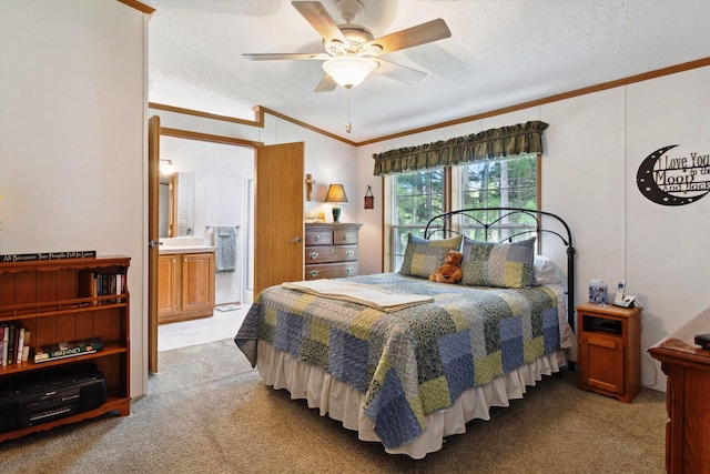 1797 Lawrence Dr, Bitely, MI 49309 - bedroom featuring crown molding, light carpet, a textured ceiling, connected bathroom, and ceiling fan