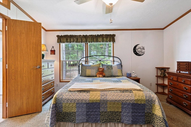 1797 Lawrence Dr, Bitely, MI 49309 - bedroom with carpet floors, crown molding, a ceiling fan, and a textured ceiling