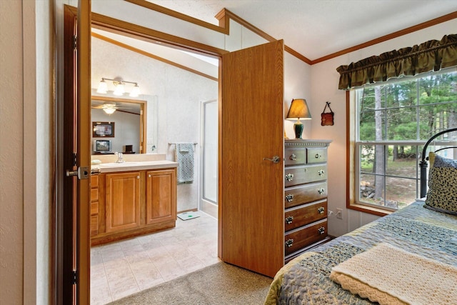 1797 Lawrence Dr, Bitely, MI 49309 - bedroom with crown molding, lofted ceiling, and a sink