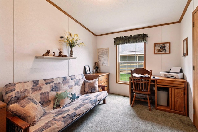1797 Lawrence Dr, Bitely, MI 49309 - living room with ornamental molding, vaulted ceiling, and carpet