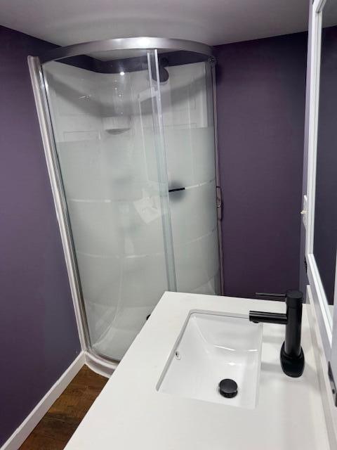 418 N Hemlock St, Evart, MI 49631 - full bathroom featuring a stall shower, wood finished floors, a sink, and baseboards