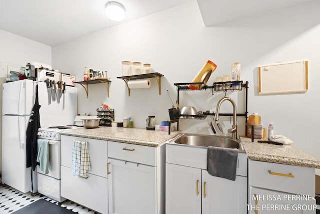 7359 Cascade Woods Dr SE, Grand Rapids, MI 49546 - kitchen with white appliances, a sink, open shelves, light stone countertops, and white cabinetry