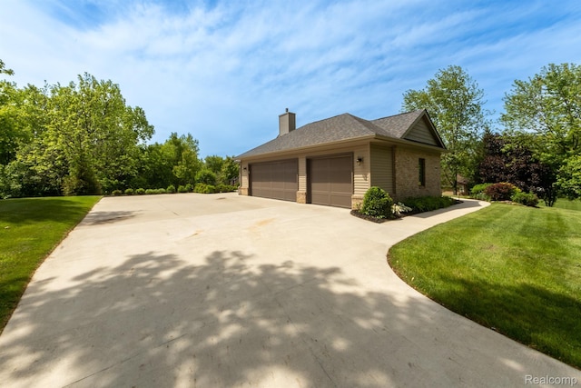 5502 E Alyssa Ct, White Lake, MI 48383 - view of property exterior with a lawn, a chimney, roof with shingles, a garage, and brick siding