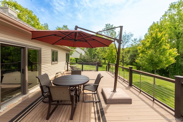 5502 E Alyssa Ct, White Lake, MI 48383 - wooden deck featuring outdoor dining space and a lawn