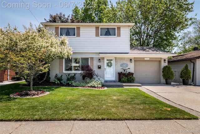 15840 E 13 Mile Rd, Roseville, MI 48066 - view of front of property featuring an attached garage, concrete driveway, a front lawn, brick siding, and a chimney