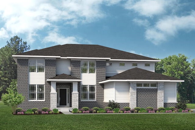 57602 Peninsula Ct, South Lyon, MI 48178 - view of front of house featuring a front yard, stone siding, and a shingled roof