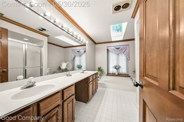 38836 Westchester Ln, Northville, MI 48167 - bathroom with a skylight, crown molding, double vanity, a bath, and a stall shower