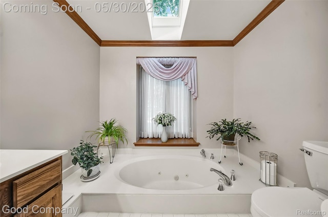 38836 Westchester Ln, Northville, MI 48167 - bathroom with toilet, a skylight, a whirlpool tub, healthy amount of natural light, and crown molding