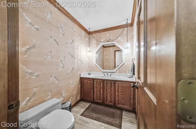 38836 Westchester Ln, Northville, MI 48167 - bathroom with toilet, vanity, crown molding, and wood finished floors