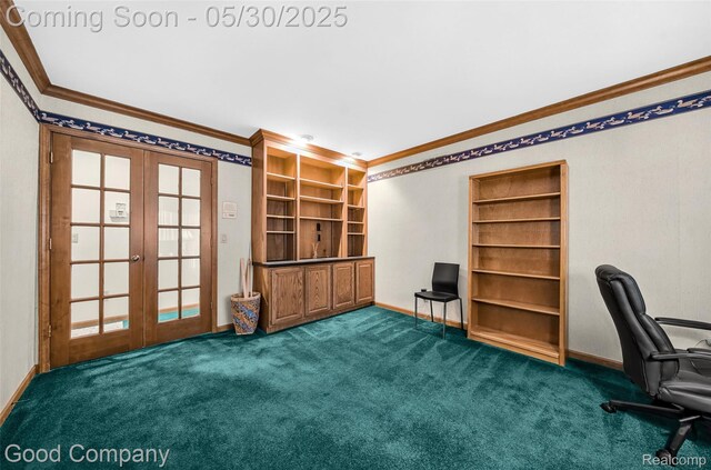 38836 Westchester Ln, Northville, MI 48167 - unfurnished office with crown molding, french doors, baseboards, and dark carpet