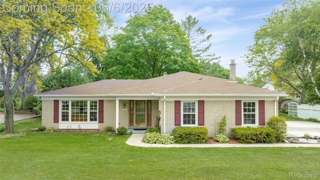 4118 Cherrywood Dr, Troy, MI 48098 - single story home featuring brick siding, a front yard, a chimney, and a shingled roof