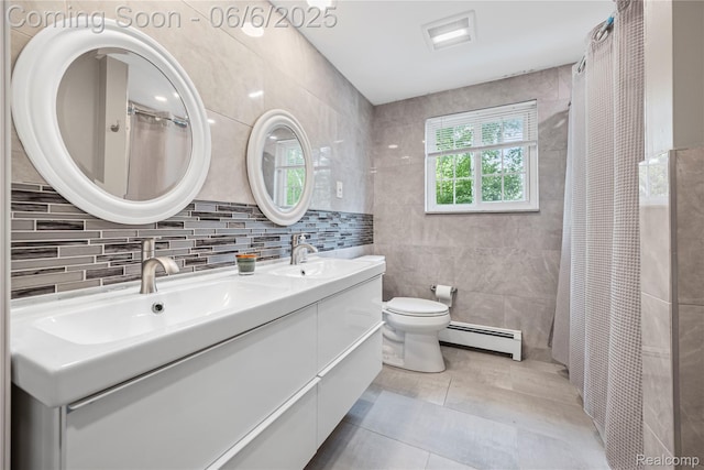 4118 Cherrywood Dr, Troy, MI 48098 - full bathroom with tile walls, a baseboard heating unit, double vanity, toilet, and tile patterned flooring