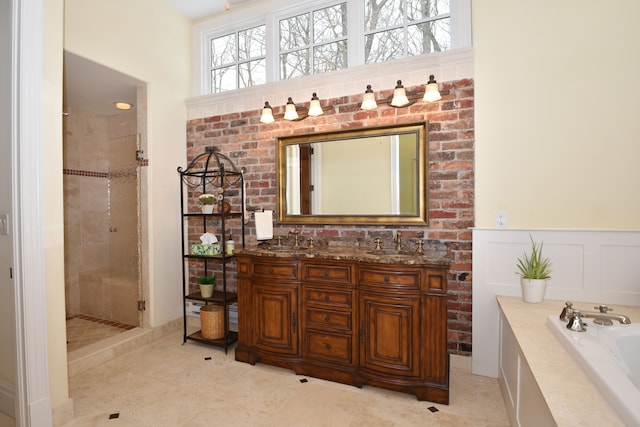 59 Scenic Oaks Dr S, Bloomfield Hills, MI 48304 - full bath featuring a stall shower, a garden tub, tile patterned floors, double vanity, and wainscoting