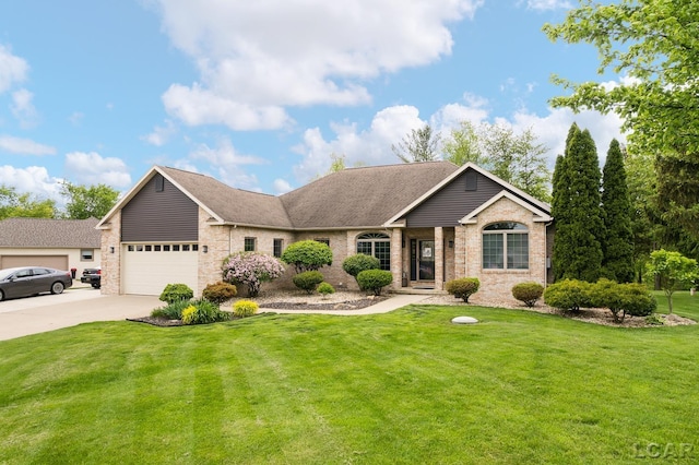 3079 Windmill Ct, Adrian, MI 49221 - ranch-style home featuring a front lawn, concrete driveway, a garage, brick siding, and a shingled roof