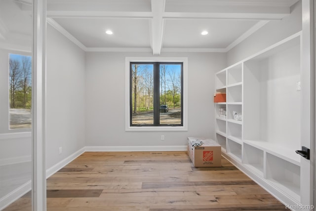 4075 Metamora Rdg, Metamora, MI 48455 - unfurnished room featuring wood finished floors, beam ceiling, recessed lighting, baseboards, and crown molding