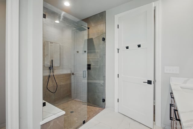 4075 Metamora Rdg, Metamora, MI 48455 - bathroom featuring marble finish flooring, a stall shower, vanity, and recessed lighting