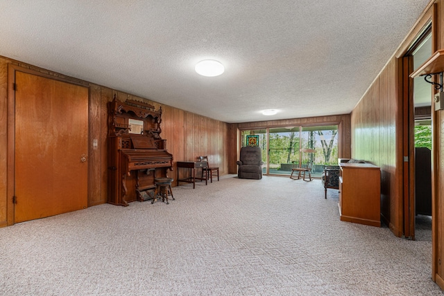 10827 N 12th St, Plainwell, MI 49080 - sitting room featuring a textured ceiling, carpet flooring, and wood walls