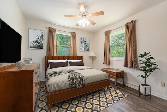 10827 N 12th St, Plainwell, MI 49080 - bedroom featuring a baseboard radiator, multiple windows, baseboards, and wood finished floors