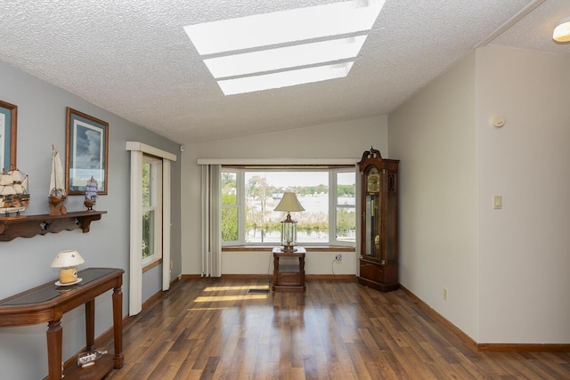 10303 Walnut Dr, Three Rivers, MI 49093 - spare room with a textured ceiling, wood finished floors, vaulted ceiling, baseboards, and a skylight