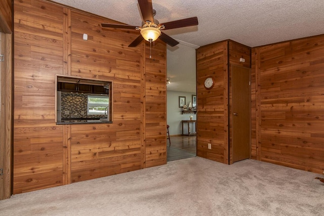10303 Walnut Dr, Three Rivers, MI 49093 - spare room with carpet, wooden walls, a ceiling fan, and a textured ceiling