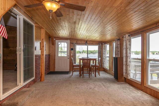 10303 Walnut Dr, Three Rivers, MI 49093 - sunroom featuring wood ceiling, carpet, a water view, and wooden walls