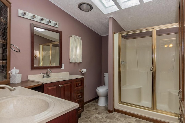 10303 Walnut Dr, Three Rivers, MI 49093 - bathroom with a skylight, a shower stall, ornamental molding, toilet, and vanity