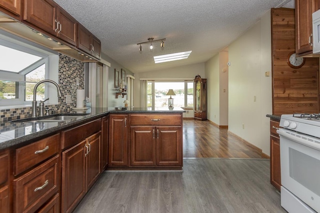 10303 Walnut Dr, Three Rivers, MI 49093 - kitchen featuring white appliances, a sink, dark wood-style floors, tasteful backsplash, and a textured ceiling