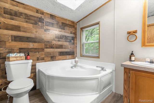 351 N Squirrel Rd, Auburn Hills, MI 48326 - full bath with vanity, a bath, toilet, wood walls, and wood finished floors