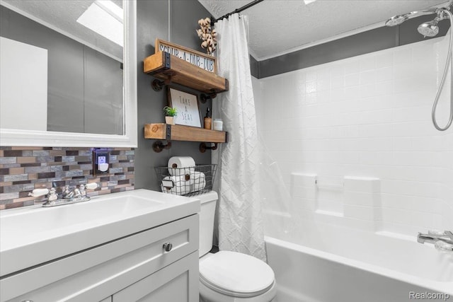 351 N Squirrel Rd, Auburn Hills, MI 48326 - full bathroom with toilet, a textured ceiling, shower / bath combo with shower curtain, decorative backsplash, and vanity