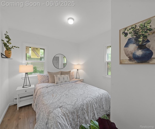 31777 Hennepin St, Garden City, MI 48135 - bedroom with a baseboard radiator, wood finished floors, multiple windows, and baseboards