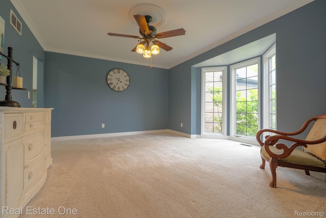 14607 Stratford, Shelby Twp, MI 48315 - living area with light carpet, baseboards, ornamental molding, and ceiling fan