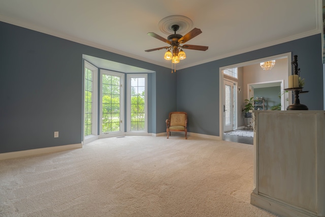 14607 Stratford, Shelby Twp, MI 48315 - sitting room featuring baseboards, plenty of natural light, ornamental molding, and carpet floors
